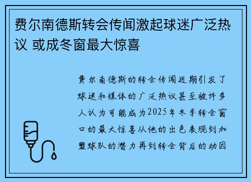 费尔南德斯转会传闻激起球迷广泛热议 或成冬窗最大惊喜