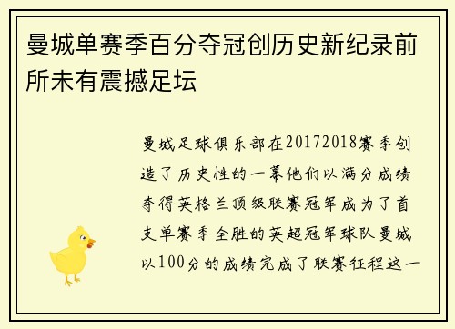 曼城单赛季百分夺冠创历史新纪录前所未有震撼足坛