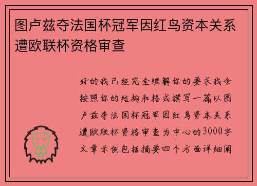 图卢兹夺法国杯冠军因红鸟资本关系遭欧联杯资格审查 图卢兹夺法国杯冠军因红鸟资本关系遭欧联杯资格审查